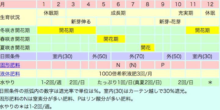 夏咲き・秋咲き種カトレアの栽培カレンダー